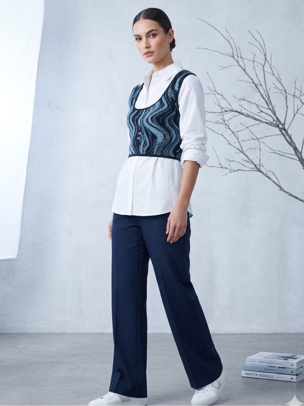 New ANTHROPOLOGIE OB Vest Crop Marble Wave Sapphire Black Metallic Blue Top OS